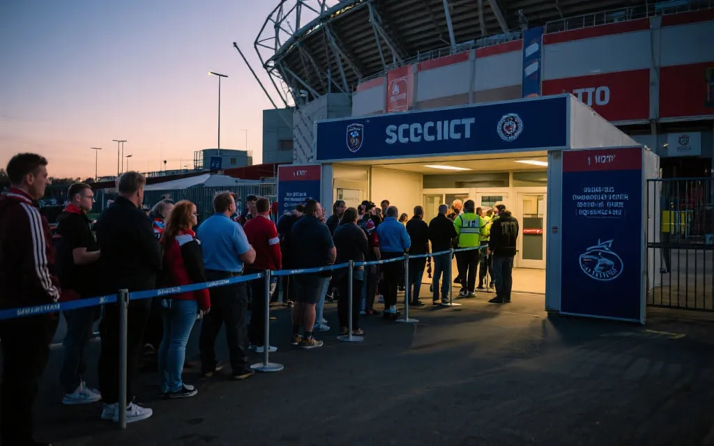 球迷在球场外排队入场、安检通道与导视牌清晰可见，纪实摄影风